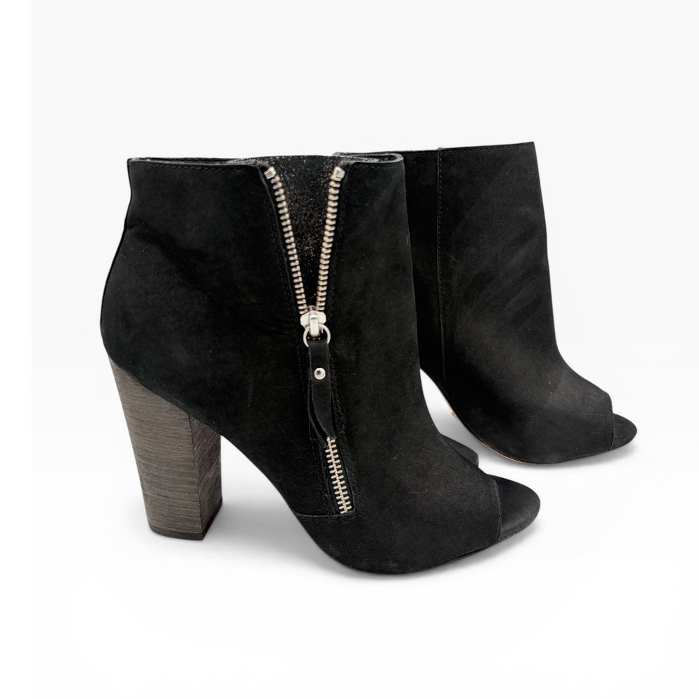 Zadig & Voltaire Suede Peep Toe Booties Sz 9 Rocker Black Ankle Zipper 4" Heel